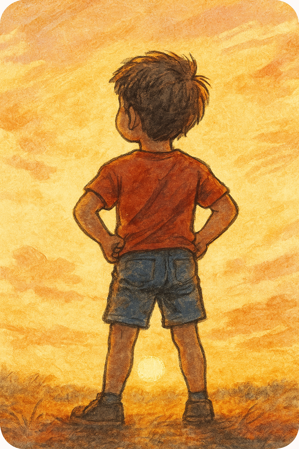 夕日を見つめて立つ少年のイラスト